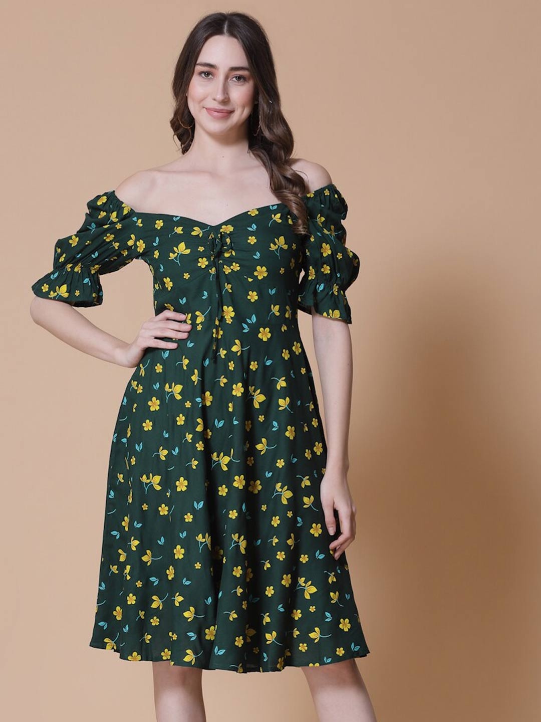 

God Bless Floral Printed Sweetheart Neck Fit & Flare Ruched Dress, Green
