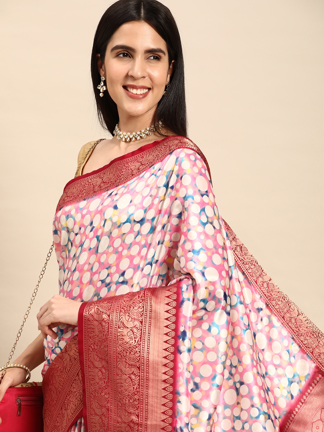 

VASTRANAND Polka Dot Printed Zari Silk Blend Banarasi Saree, Pink