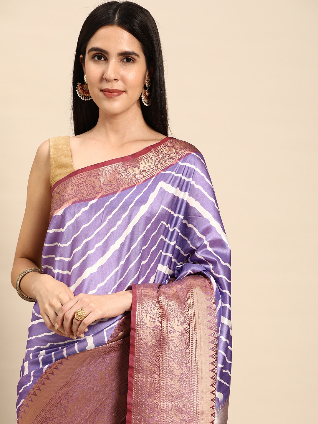 VASTRANAND Leheriya Printed Zari Silk Blend Banarasi Saree, Purple