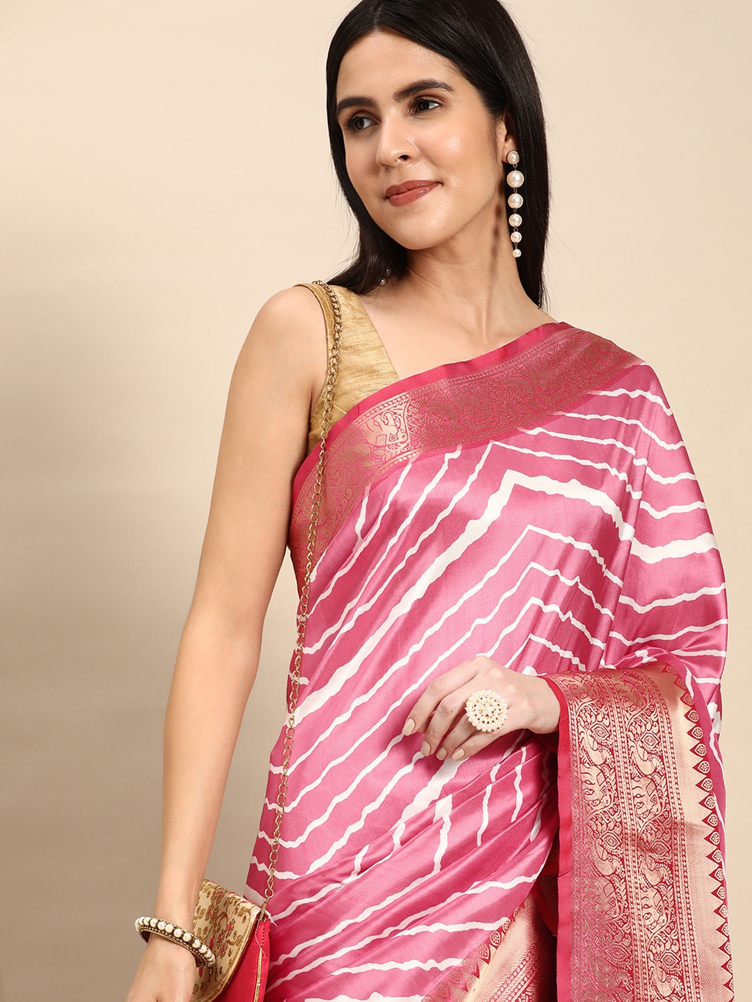 VASTRANAND Leheriya Printed Zari Silk Blend Banarasi Saree, Pink
