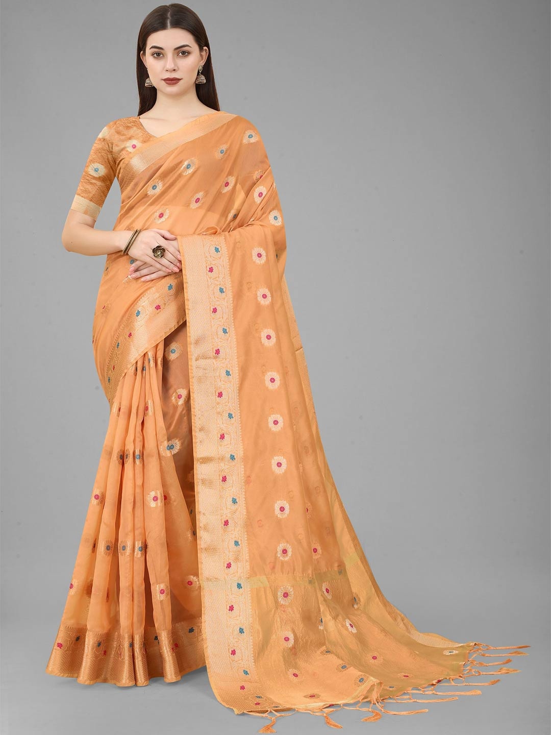 

B4ME.COM Floral Woven Design Zari Organza Kanjeevaram Saree, Orange