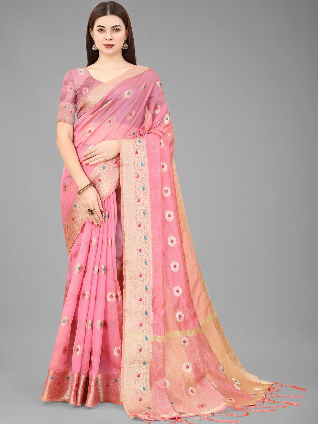 

B4ME.COM Floral Woven Design Zari Organza Kanjeevaram Saree, Pink