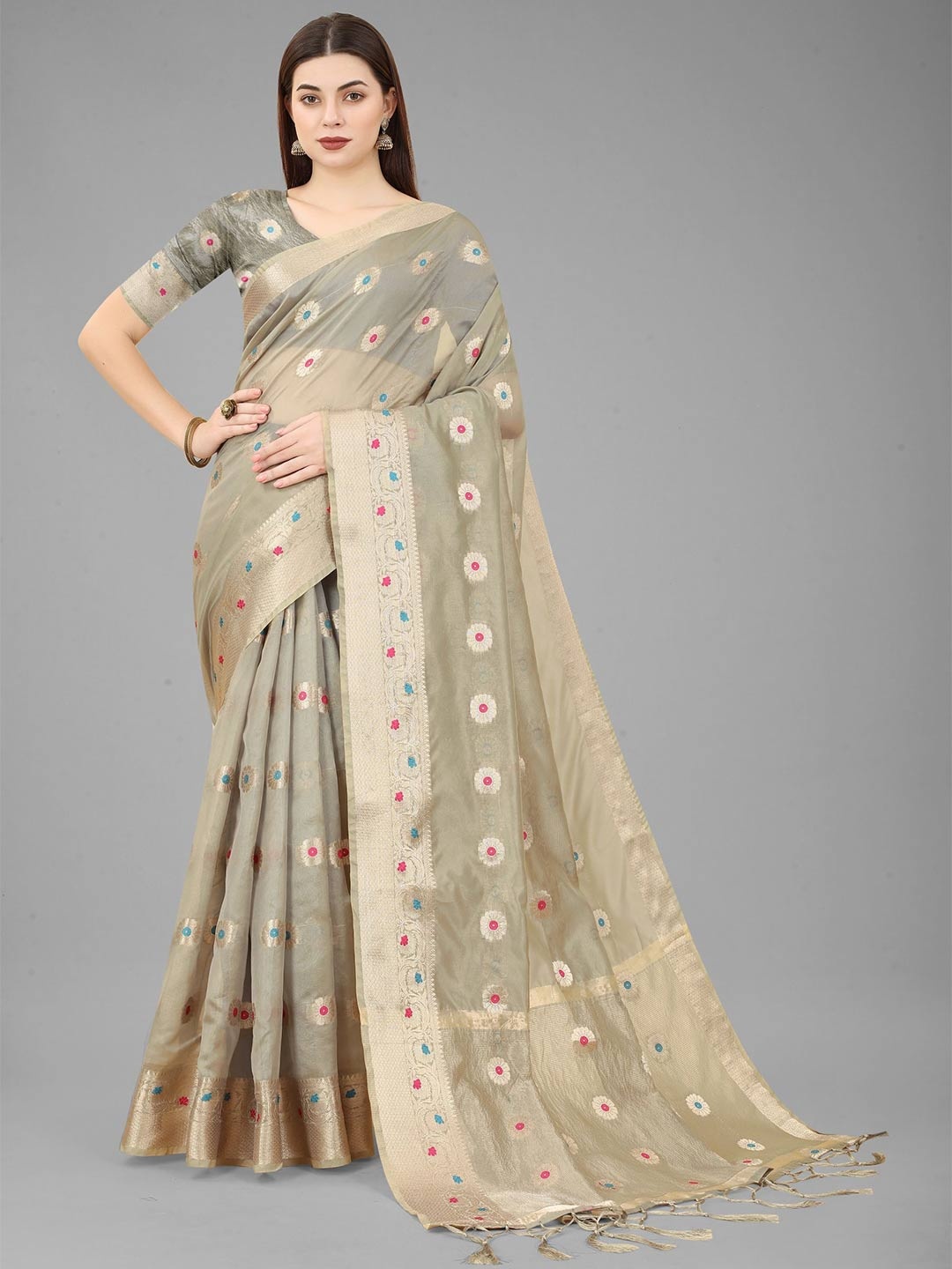 

B4ME.COMFloral Woven Design Zari Organza Kanjeevaram Saree, Grey