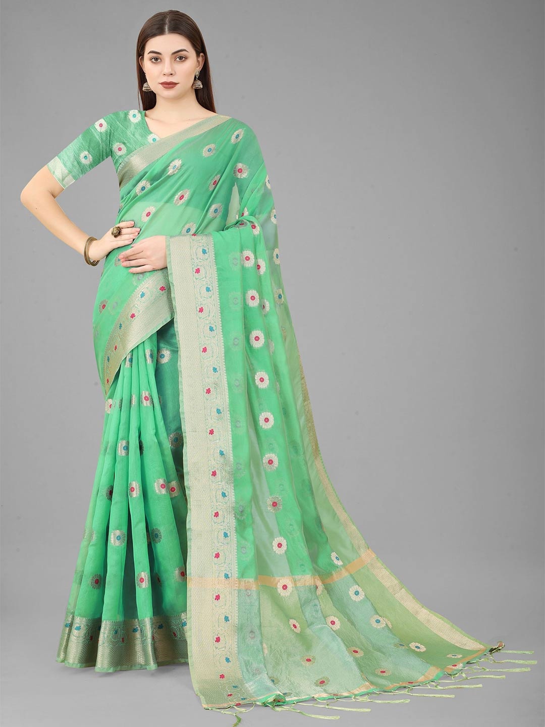 

B4ME.COM Floral Woven Design Zari Organza Kanjeevaram Saree, Green