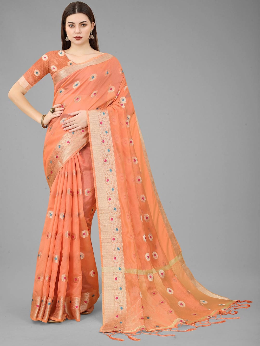 

B4ME.COM Floral Woven Design Zari Organza Kanjeevaram Saree, Peach