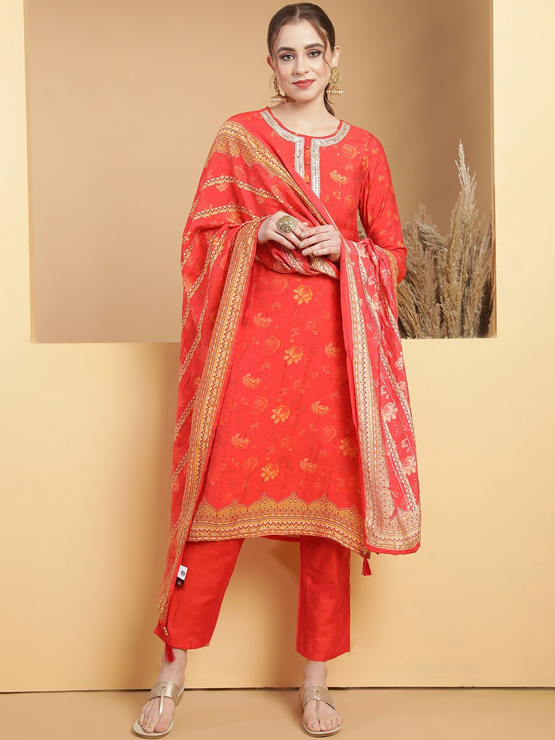 

Be Indi Women Floral Printed Straight Kurta Set with Trouser & Dupatta, Red