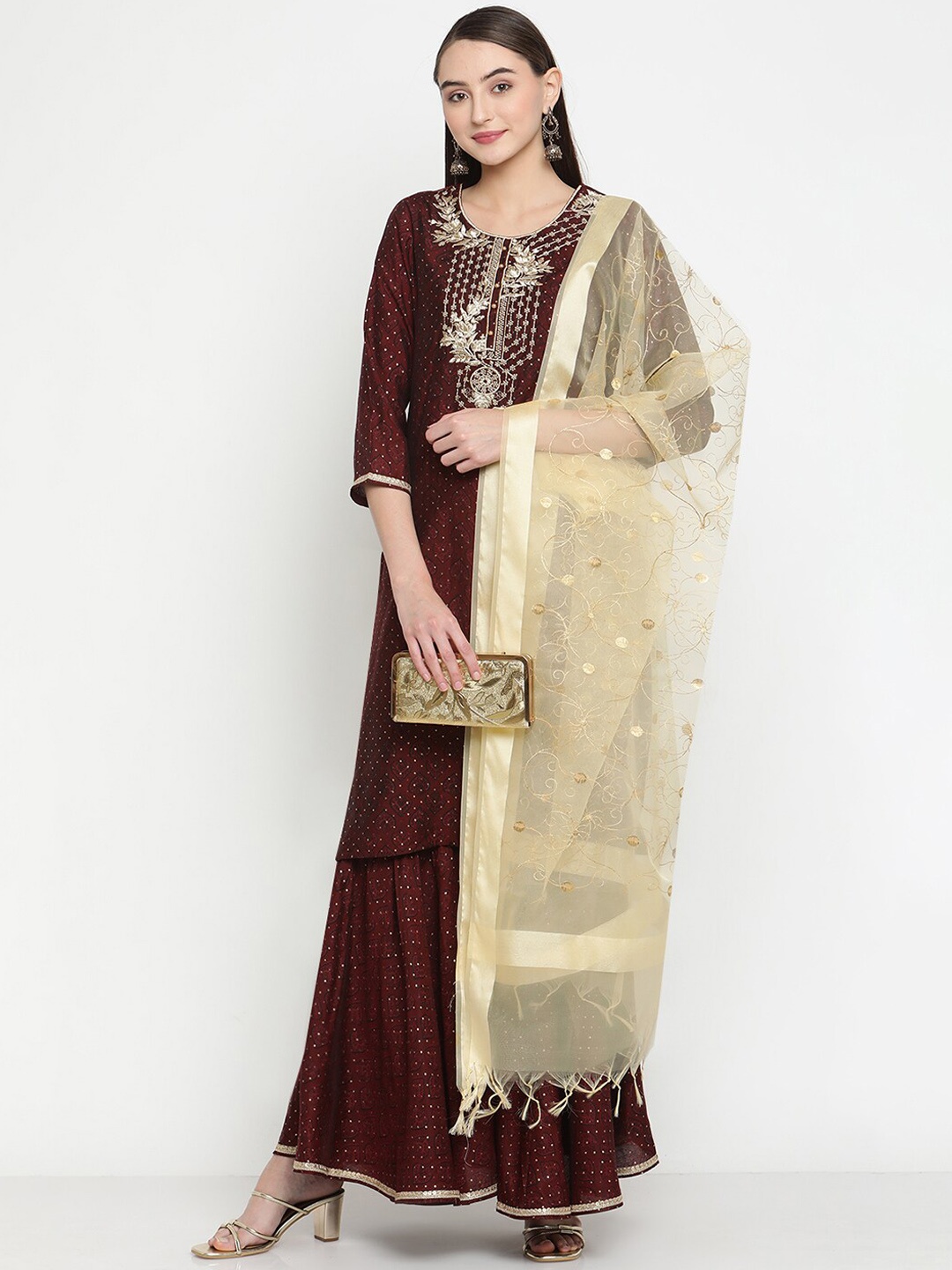 

Be Indi Women Ethnic Motifs Printed Straight Silk Kurta Set with Sharara & Dupatta, Maroon