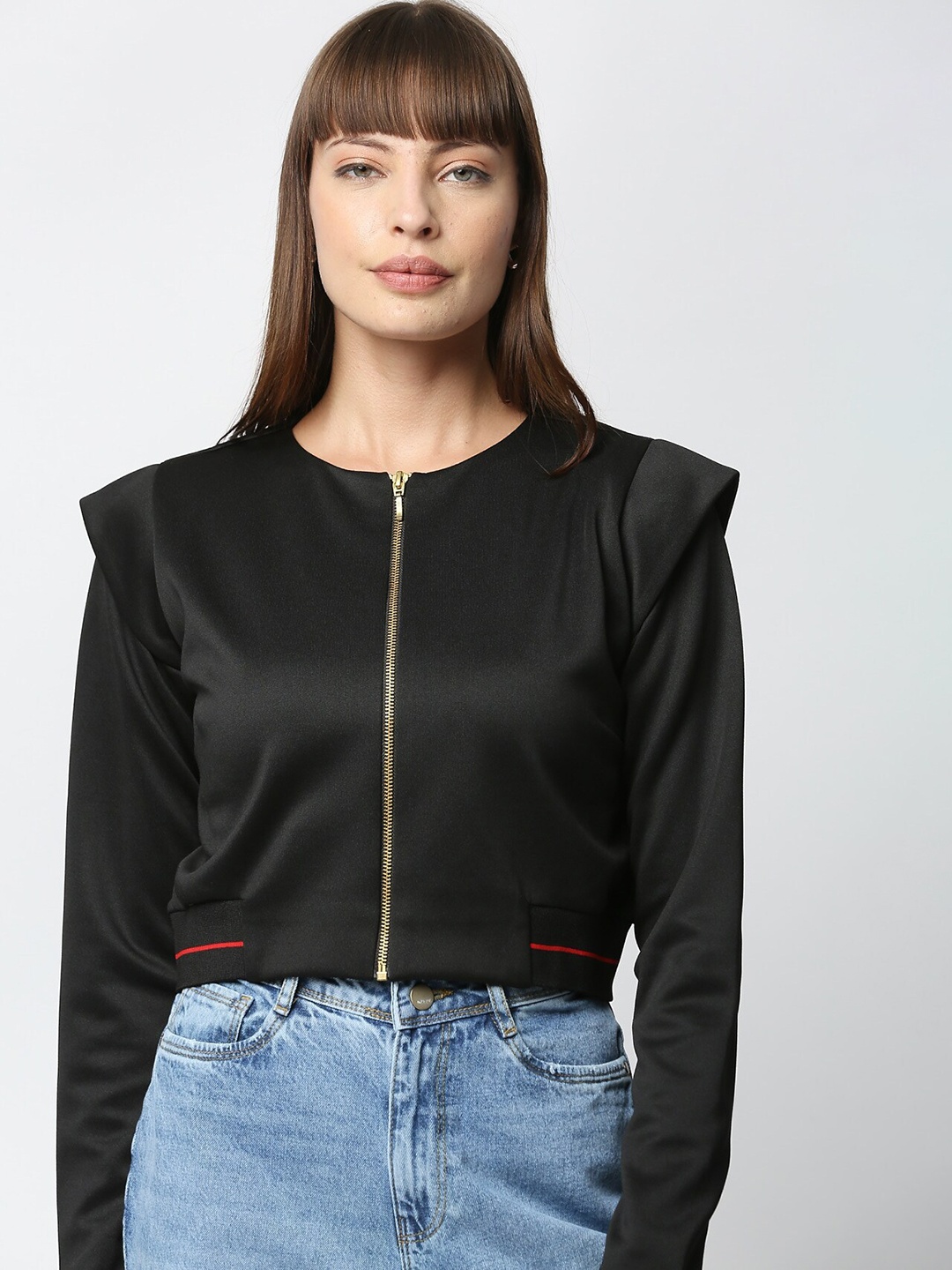 

VALEN CLUB Crop Tailored Cotton Collarless Jacket, Black