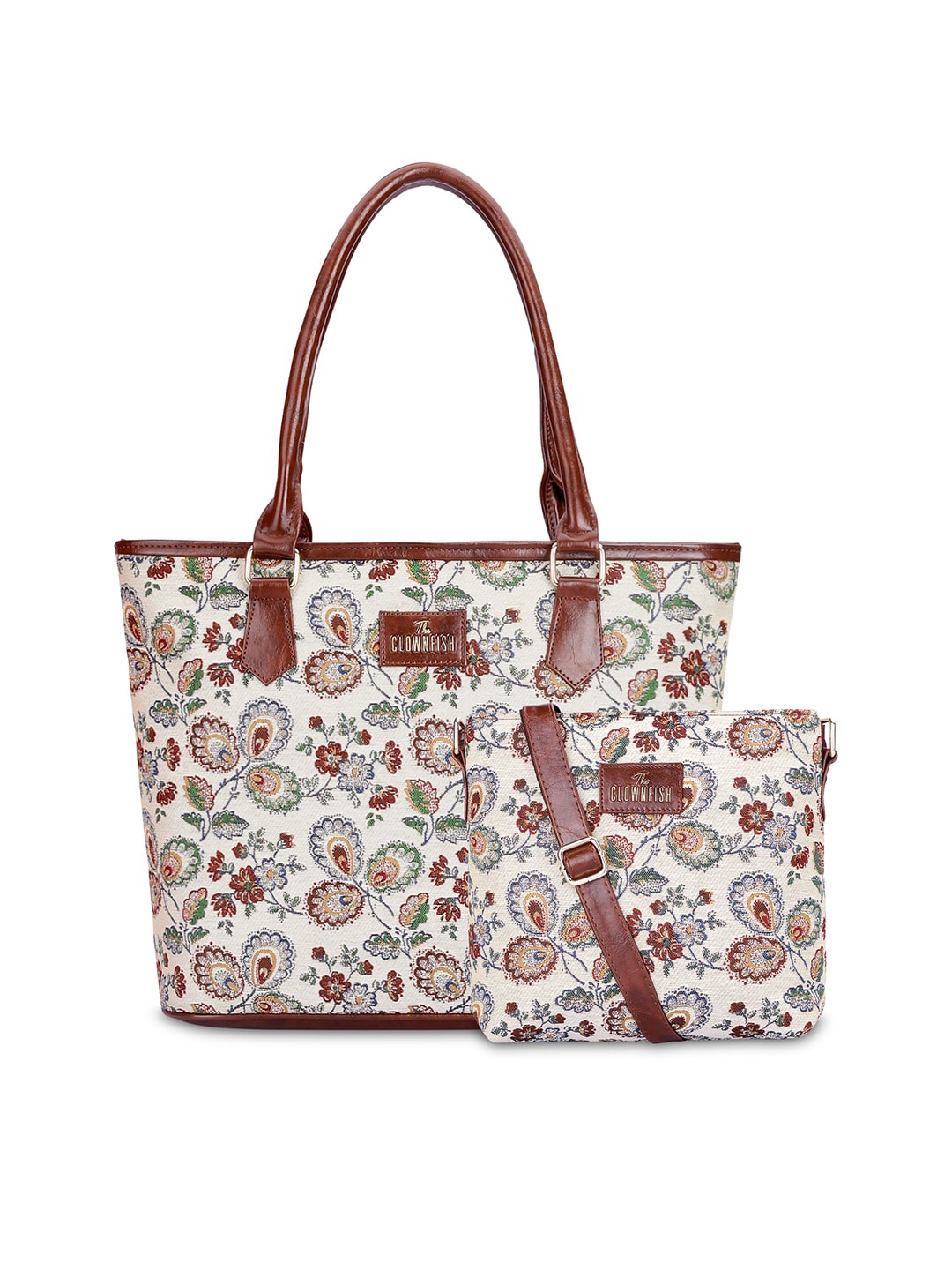 

THE CLOWNFISH Linda and Justina Floral Printed Leather Sling Bag and Handbag, Coffee brown