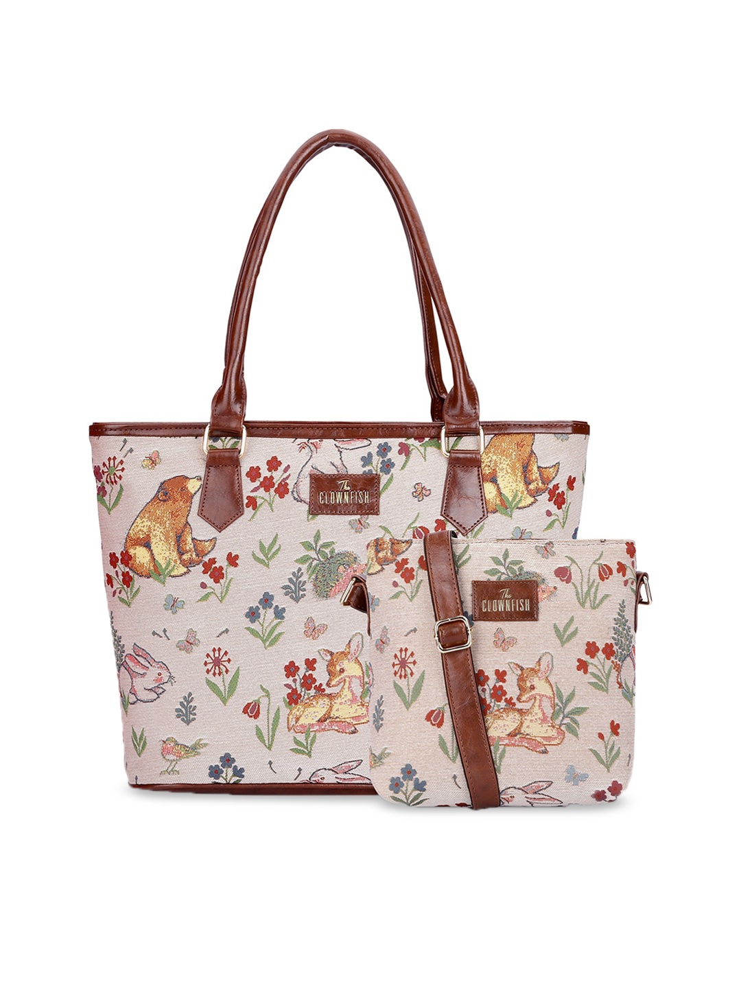 

THE CLOWNFISH Linda & Justina Floral Printed Leather Sling Bag & Handbag, White