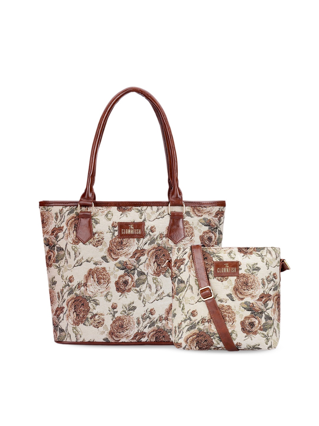 

THE CLOWNFISH Linda & Justina Floral Printed Leather Sling Bag & Handbag Set, Brown