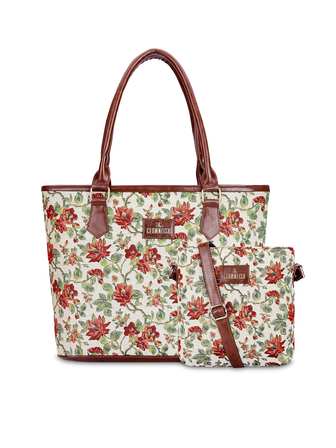 

THE CLOWNFISH Linda & Justina Floral Printed Leather Sling Bag & Handbag, Off white