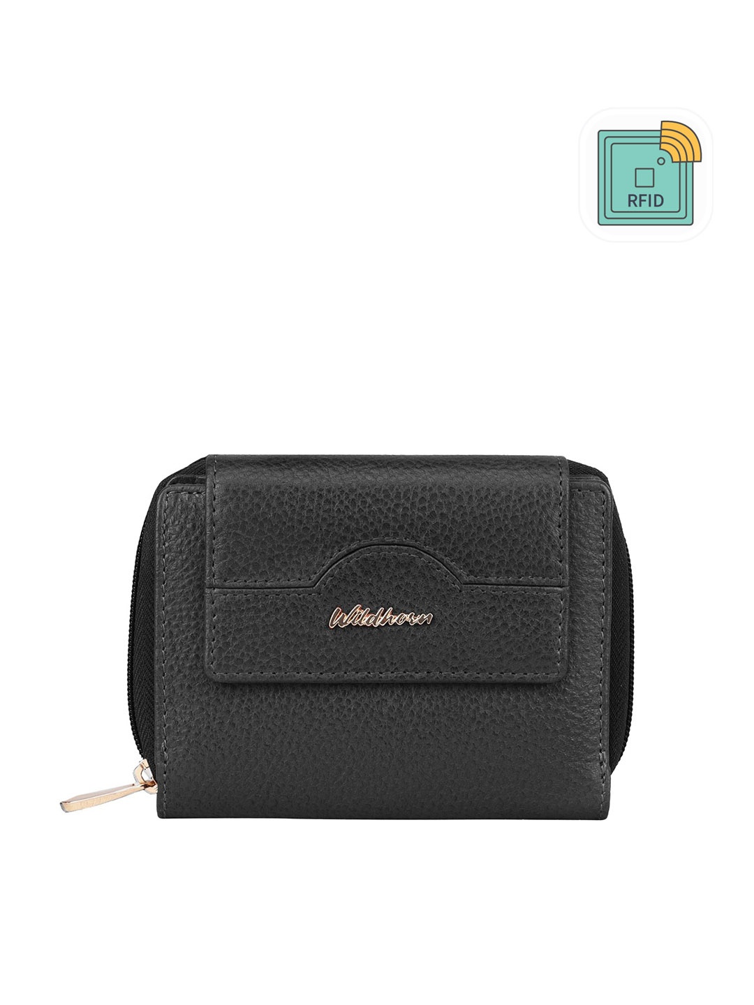 

WildHorn Women Textured Leather RFID Zip Around Wallet, Black