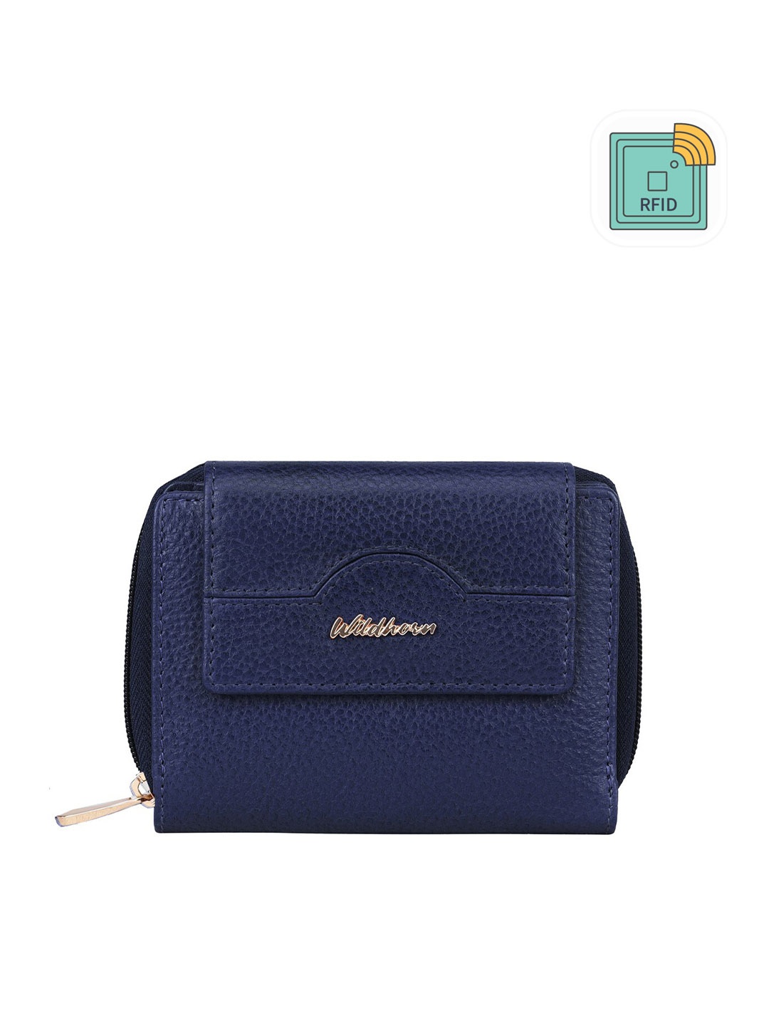 

WildHorn Women Textured Leather RFID Zip Around Wallet, Navy blue