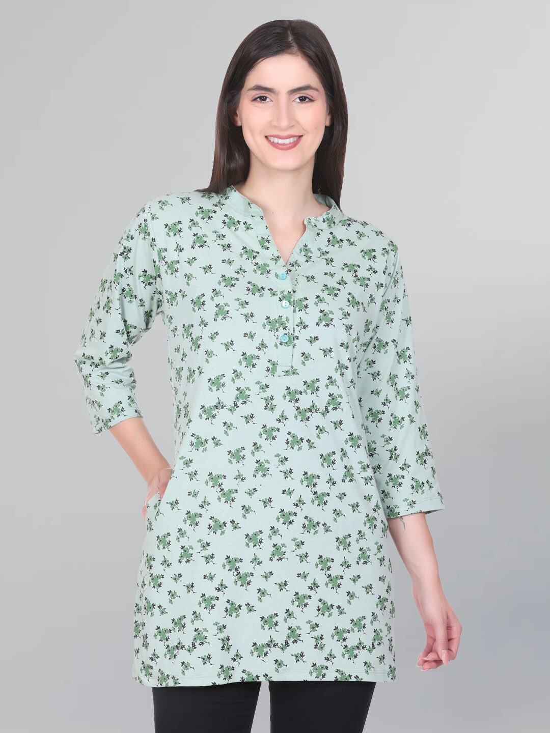 

GODFREY Floral Printed Mandarin Collar Pure Cotton Kurti, Sea green