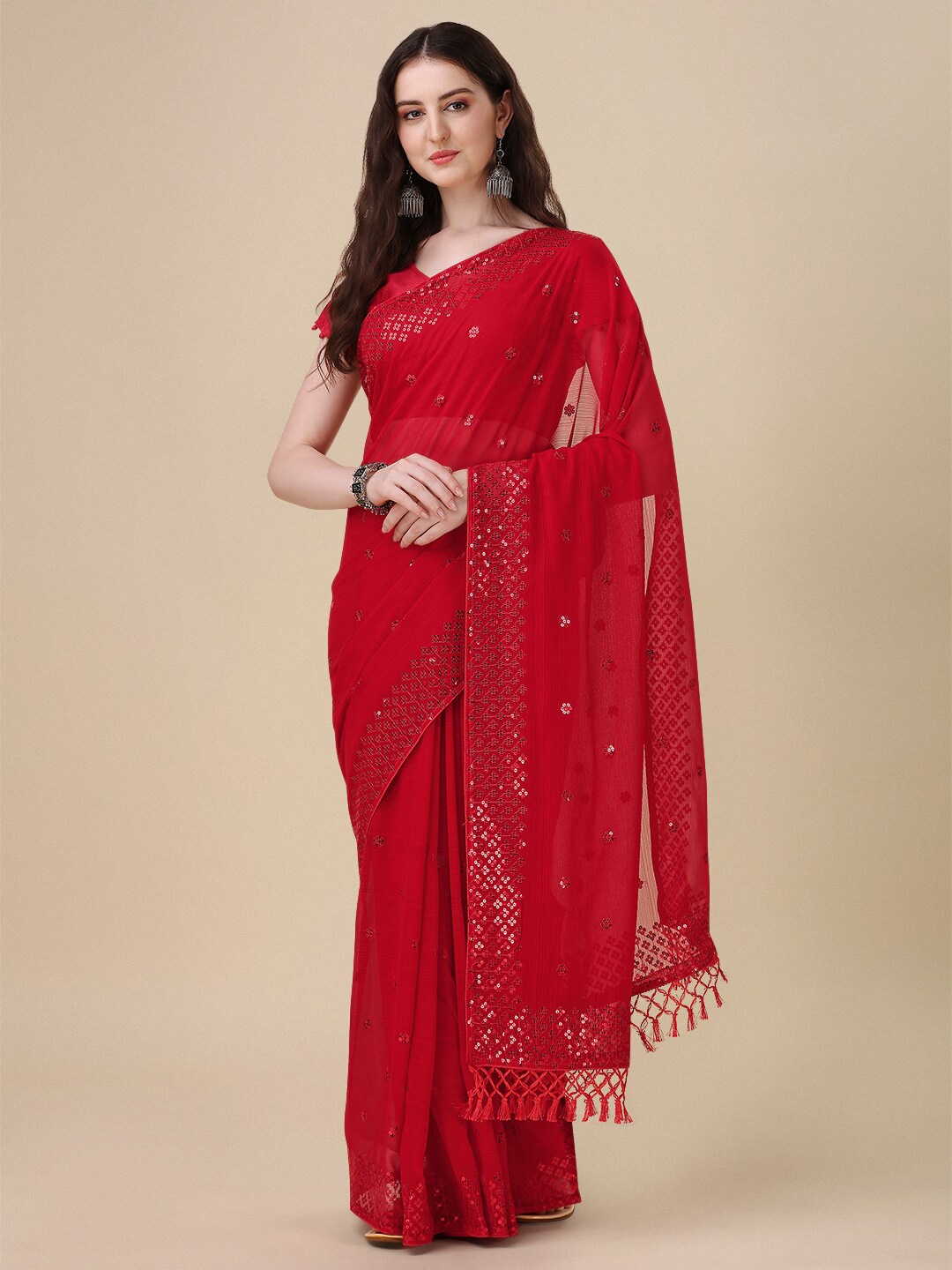 

Granthva Fab Embroidered Sequined Pure Georgette Saree, Red