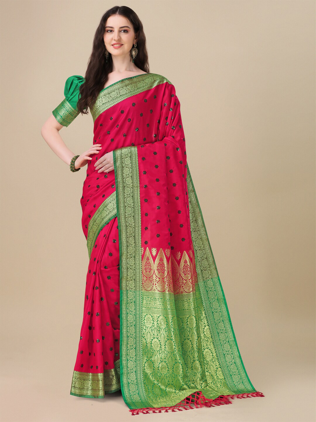 

Granthva Fab Embellished Sequined Pure Silk Saree, Red