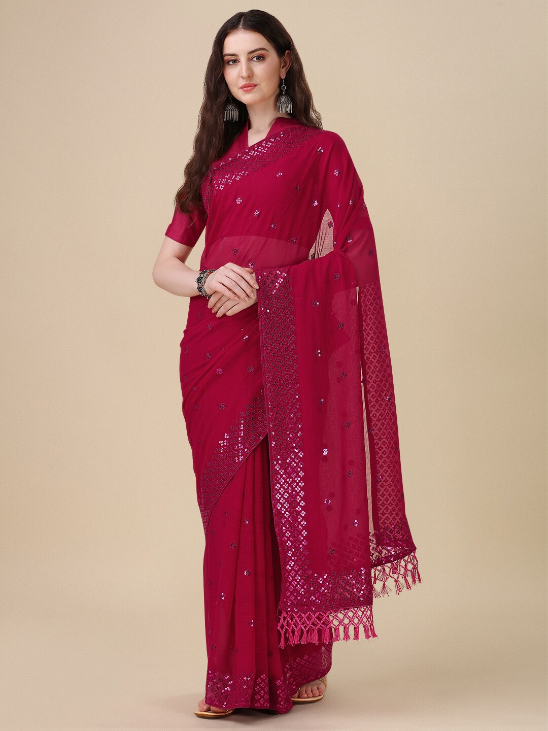 

Granthva Fab Embroidered Sequined Pure Georgette Saree, Pink