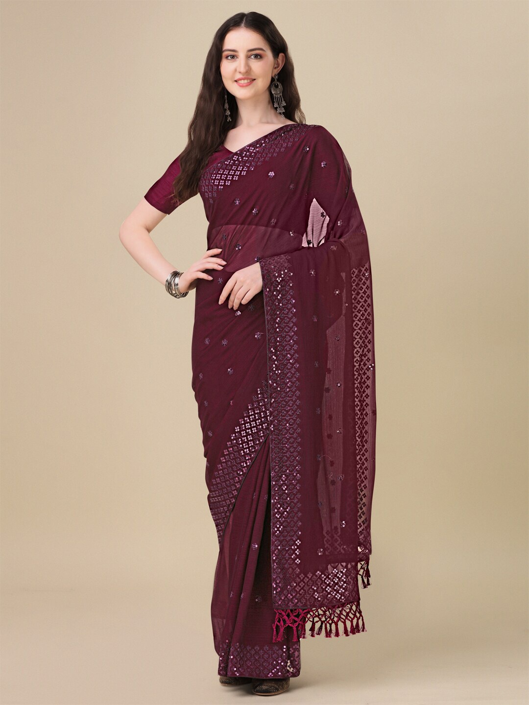 

Granthva Fab Embroidered Sequined Pure Georgette Saree, Purple