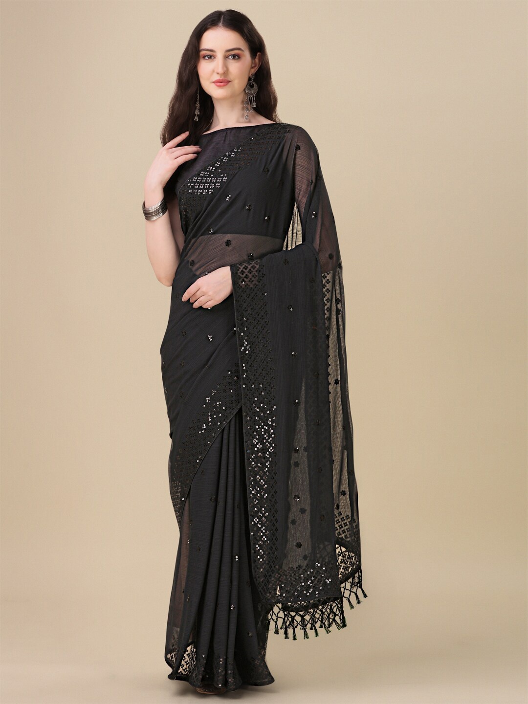 

Granthva Fab Embroidered Sequined Pure Georgette Saree, Black