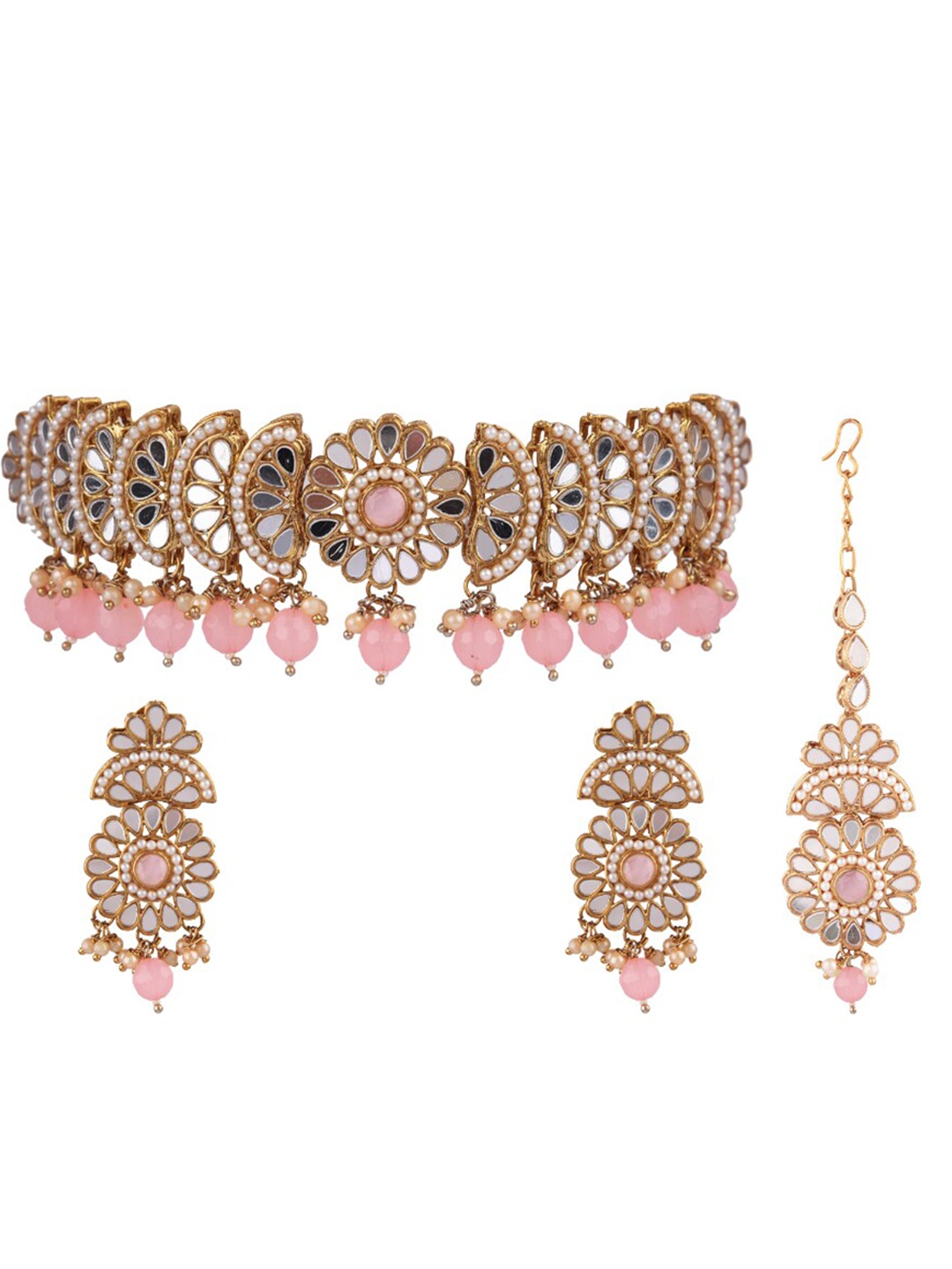 

FEMMIBELLA Gold-plated Stone-Studded & Beaded Jewellery Set