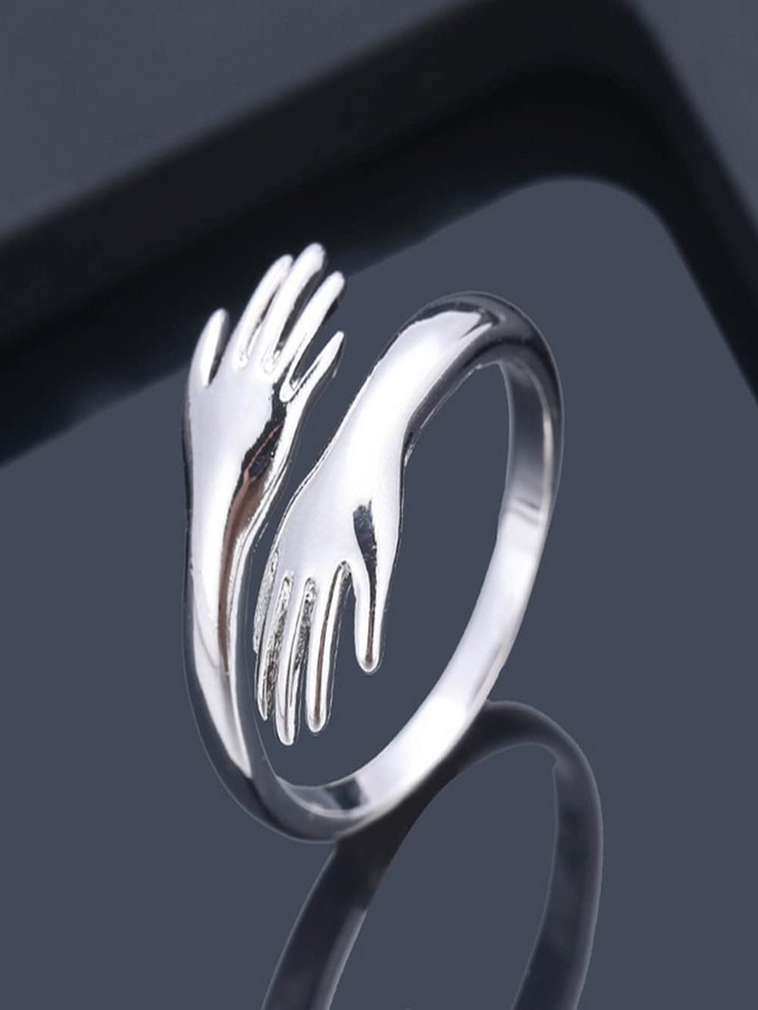 

Silver Shine Silver-Plated Holding Hand Hug Adjustable Finger Ring