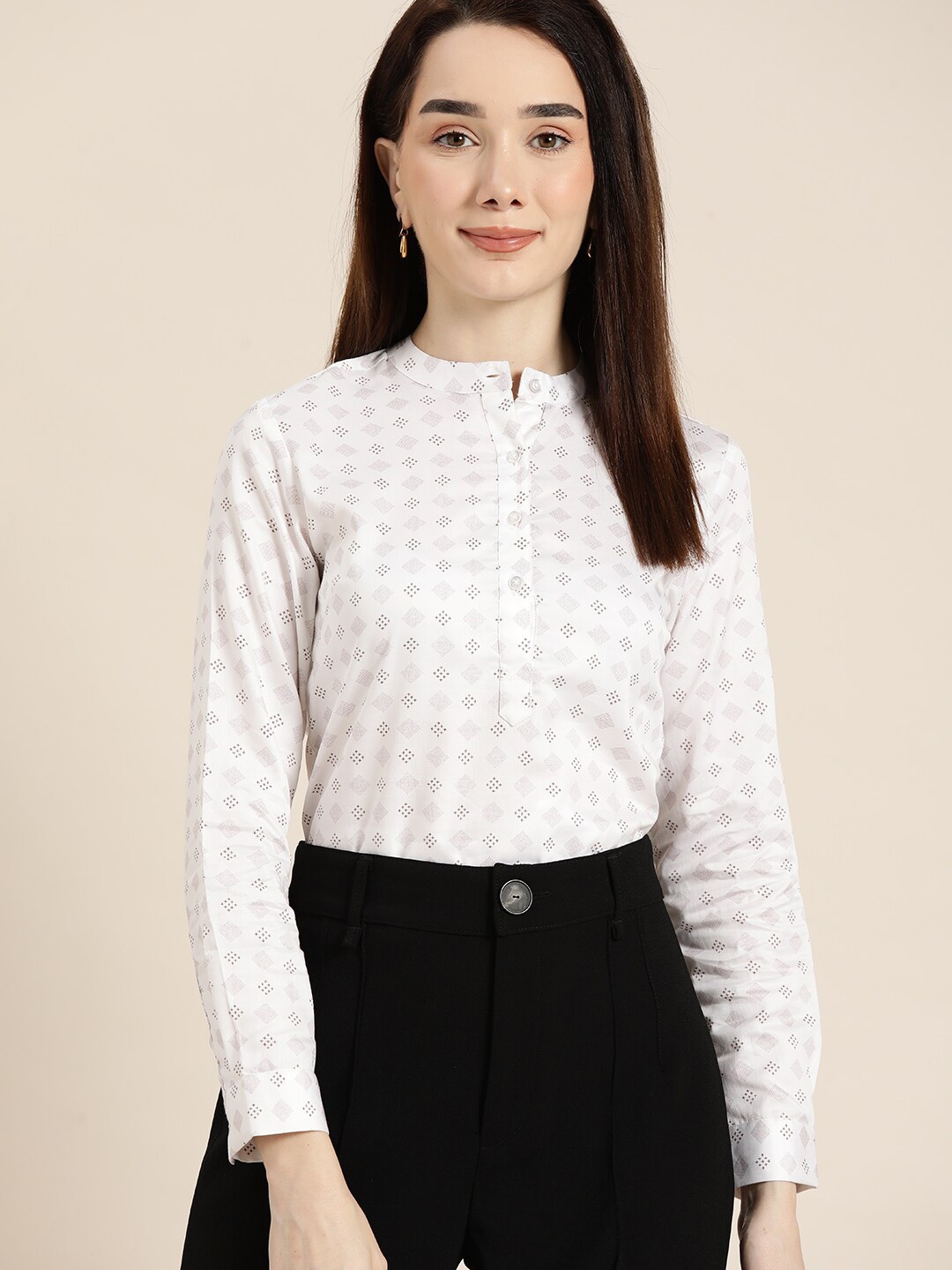 

Hancock Ethnic Motifs Printed Mandarin Collar Pure Cotton Shirt Style Top, White