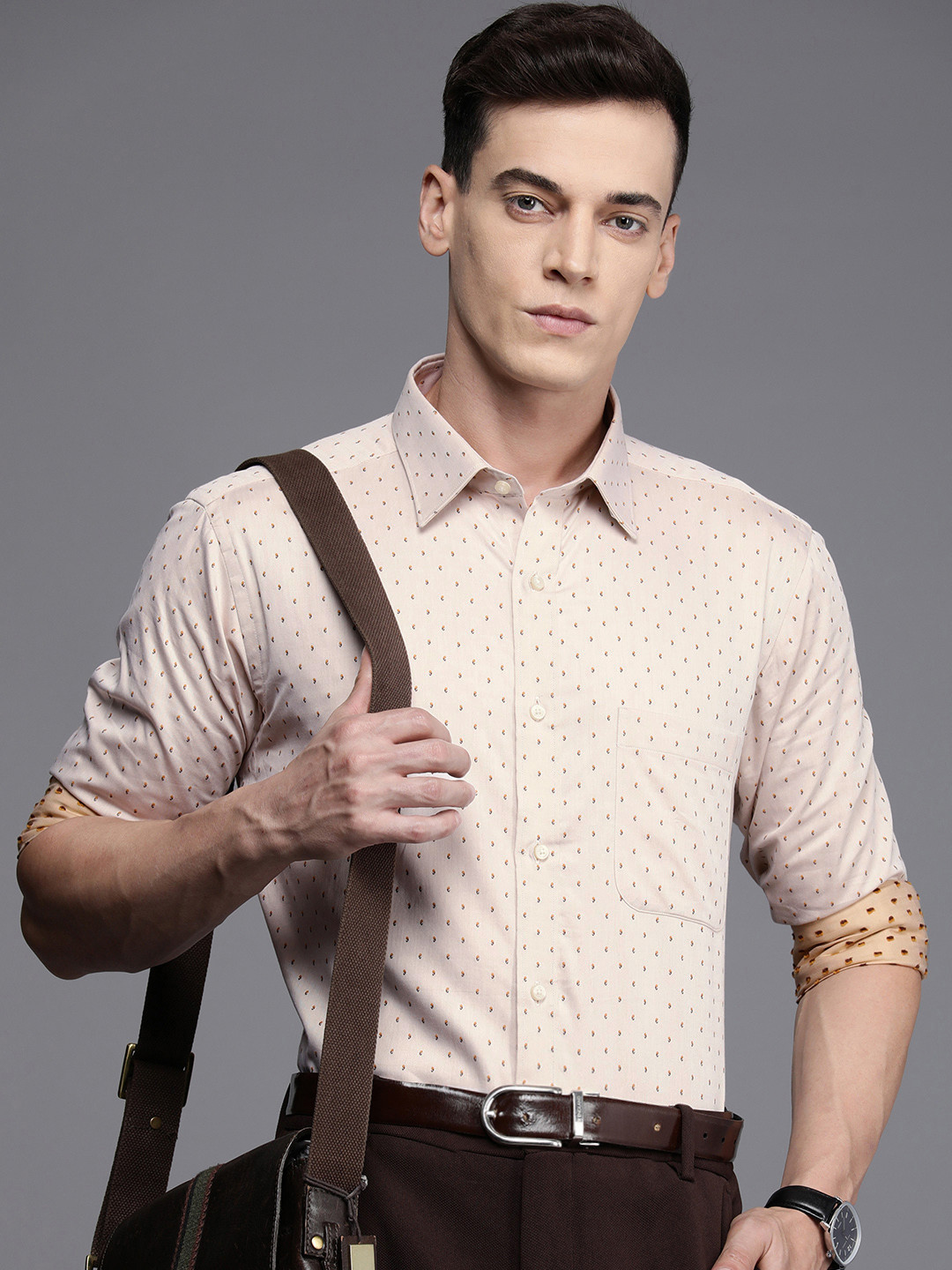 

Raymond Self Design Slim Fit Pure Cotton Formal Shirt, Beige