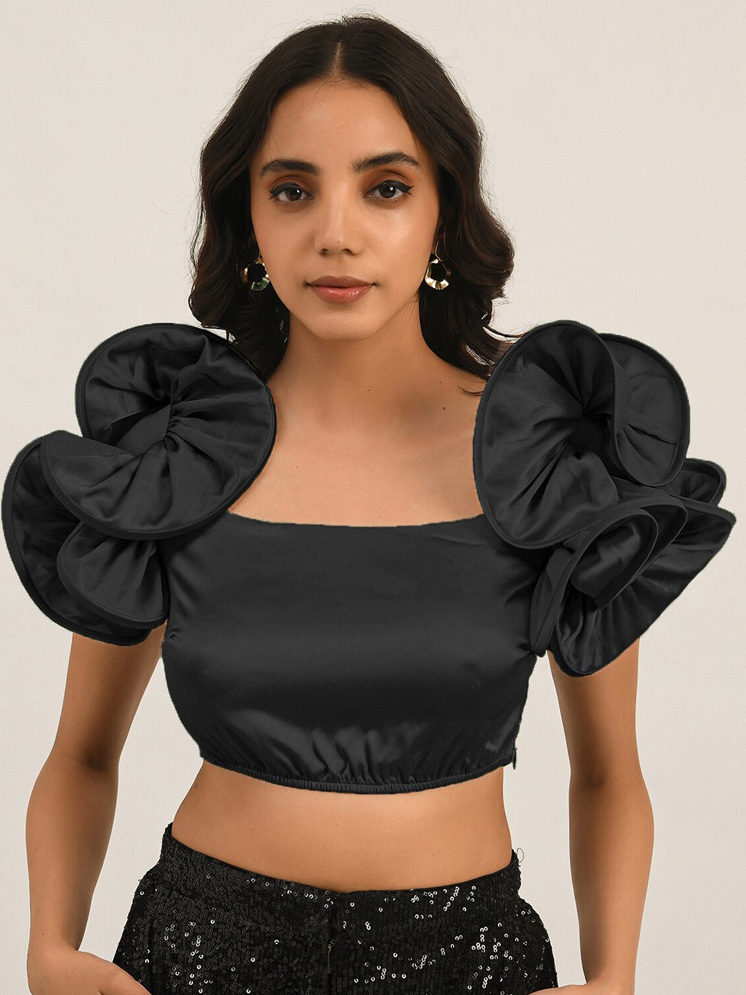 

ATTIC SALT Ruffle Sleeve Satin Crop Top, Black