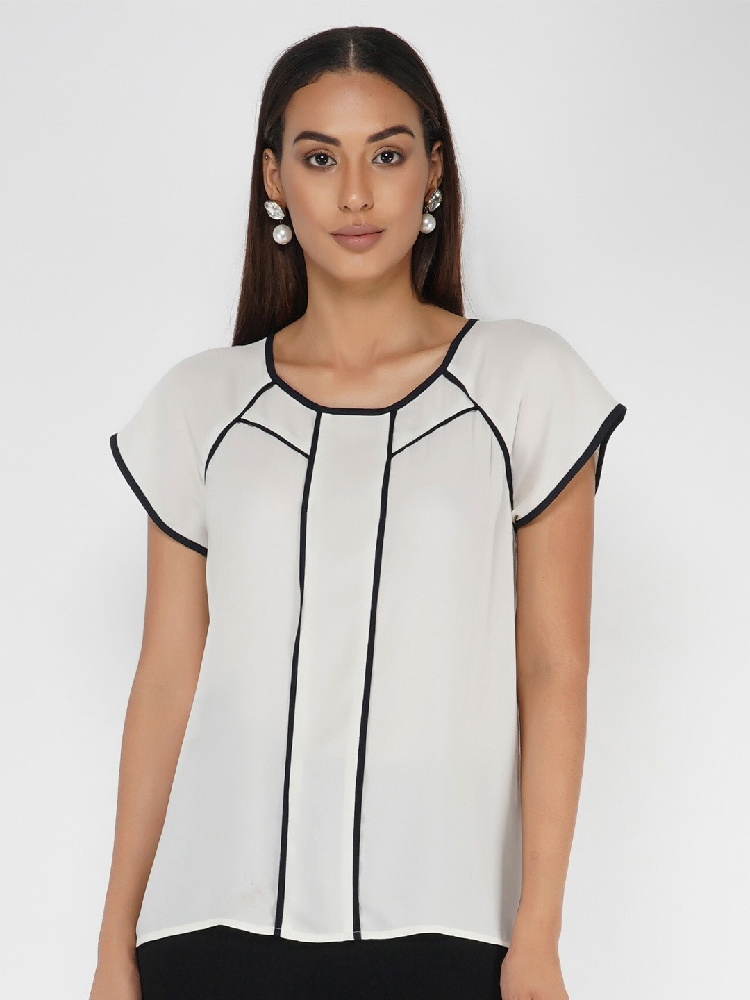 

ATTIC SALT Striped Raglan Sleeves Georgette Top, White
