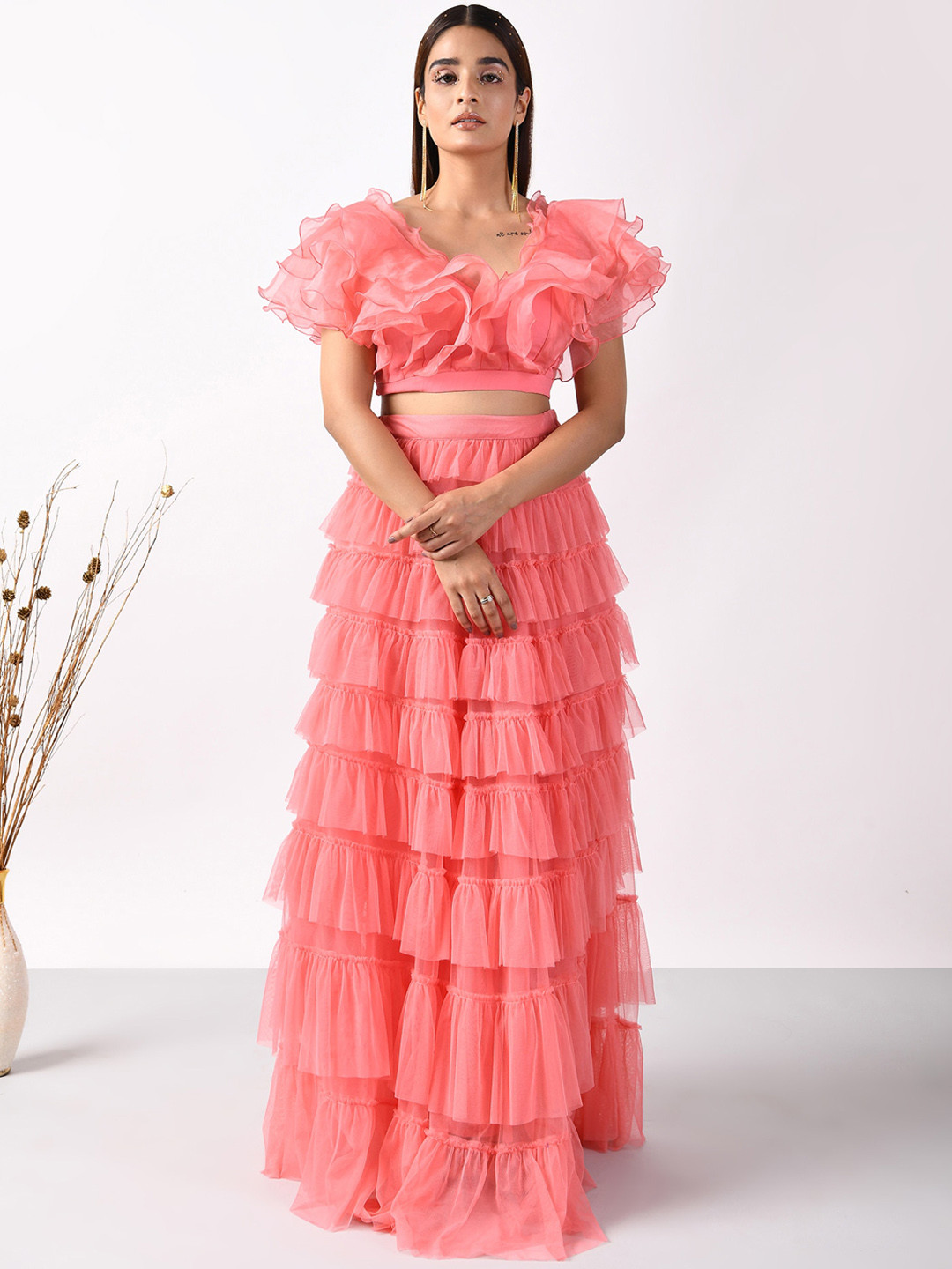 

ATTIC SALT Ruffled Maxi Flared Skirt, Pink