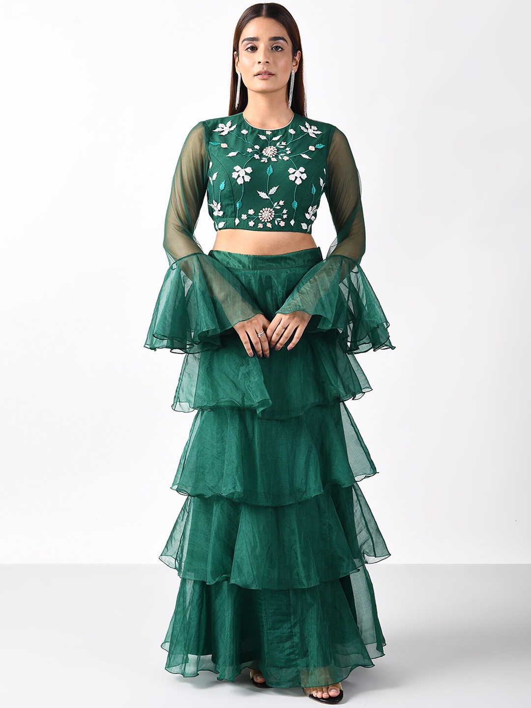 

ATTIC SALT Ruffles Tiered Full Length Skirt, Green