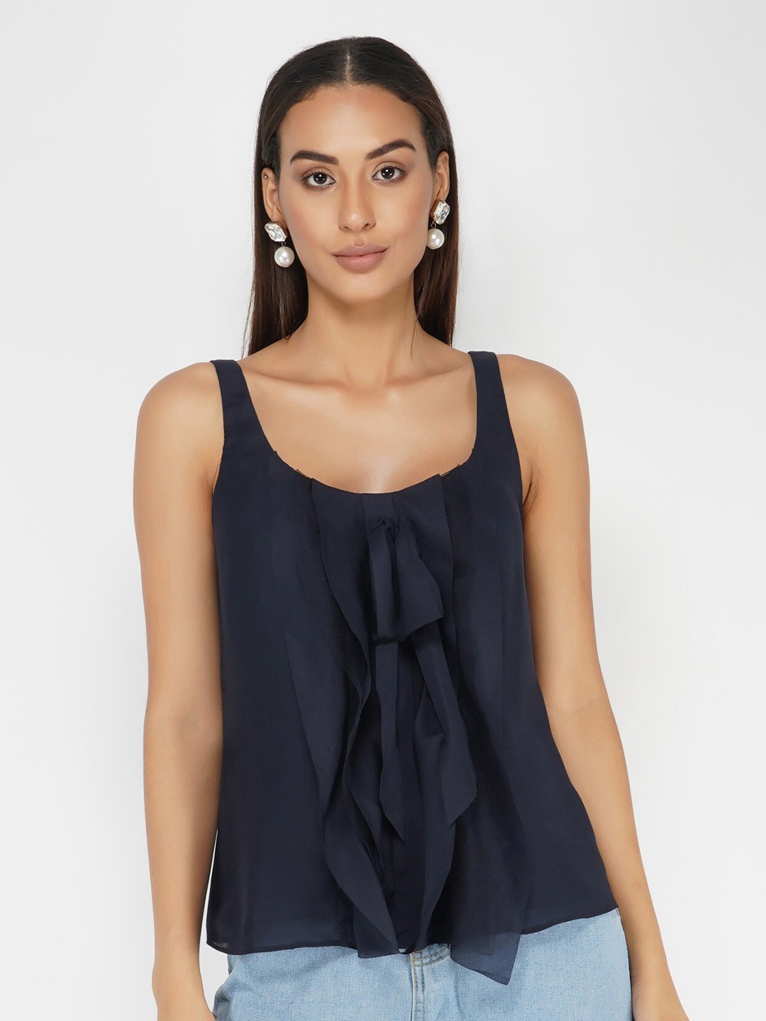 

ATTIC SALT Scoop Neck Ruffled Top, Navy blue