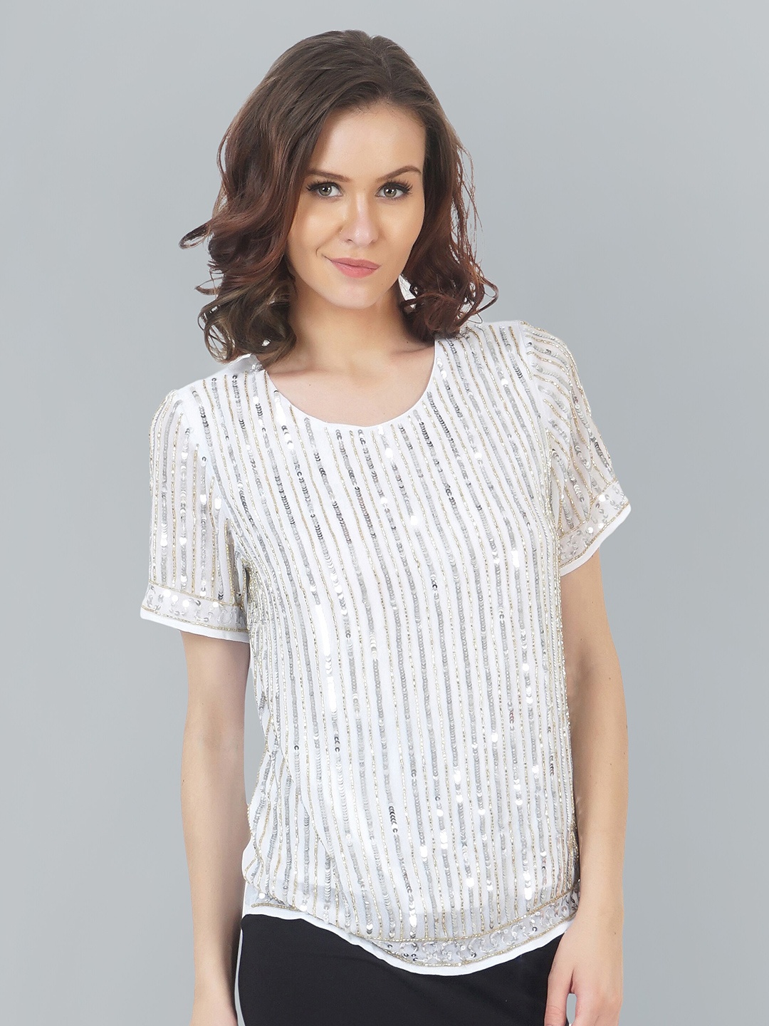 

ATTIC SALT Embellished Sequines Round Neck Top, White