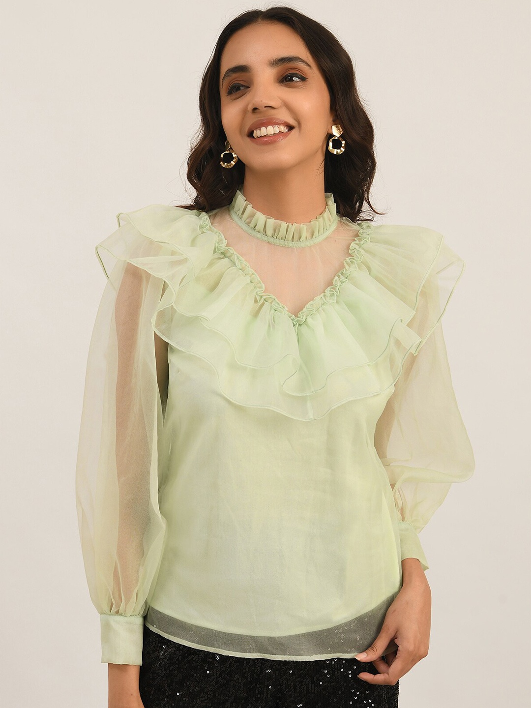 

ATTIC SALT V-Neck Cuffed Sleeves Georgette Top, Green