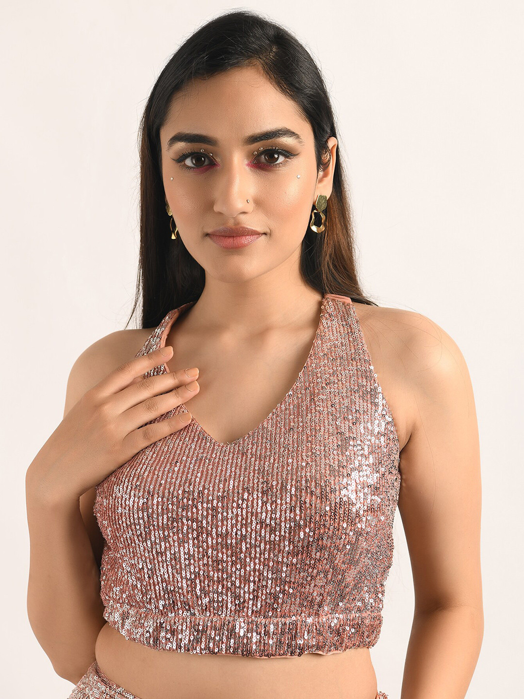 

ATTIC SALT Sequined Criss- Cross Twinkling Crop Top, Pink