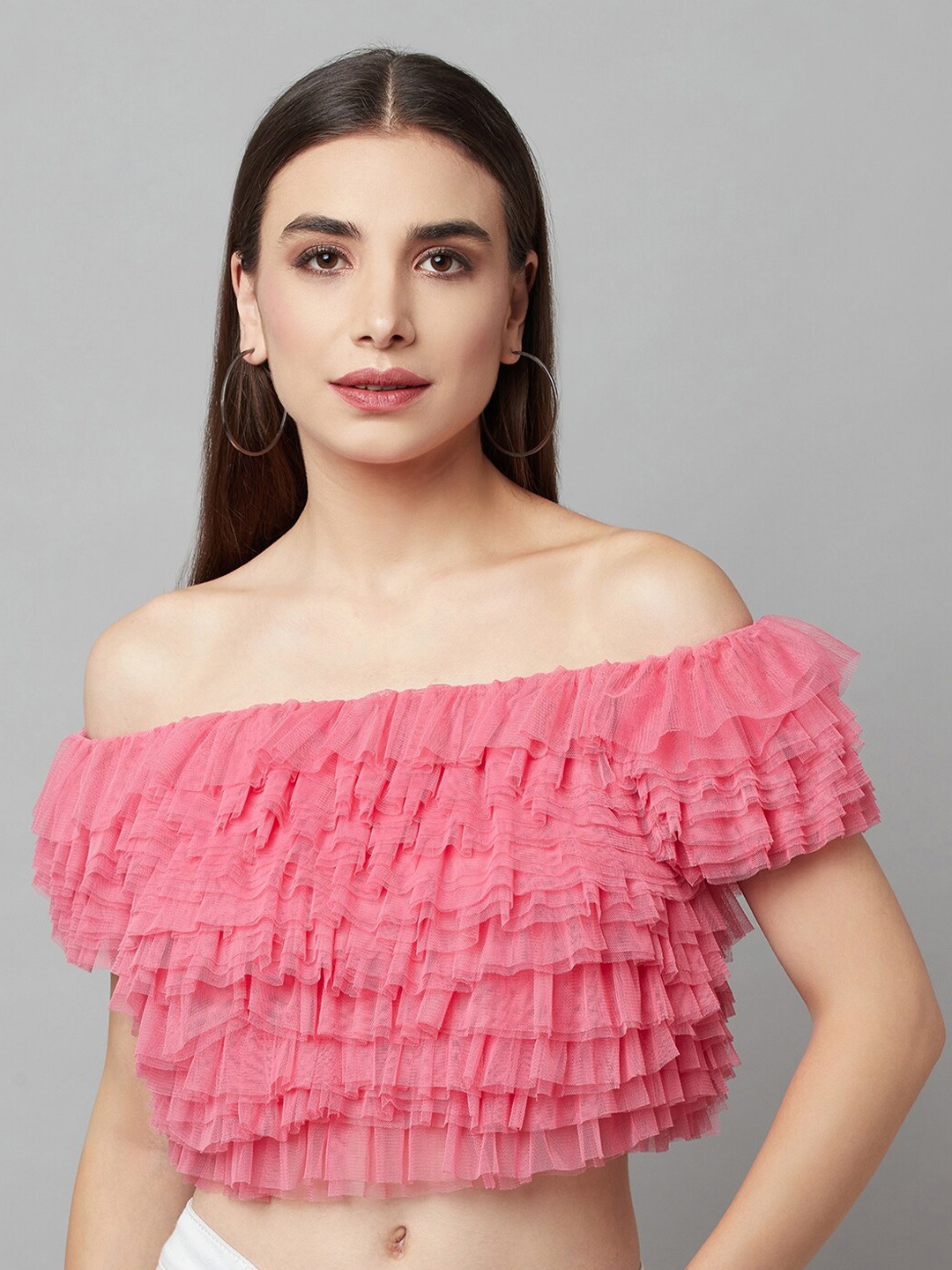 

ATTIC SALT Off-Shoulder Multi Layer Ruffles Bardot Top, Pink