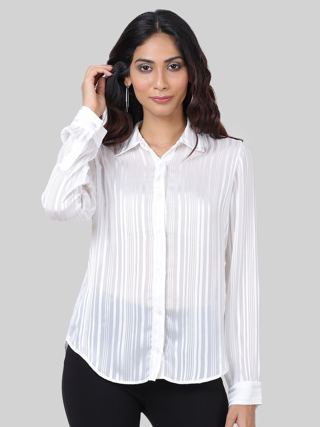 

ATTIC SALT Spread Collar Striped Casual Shirt, White