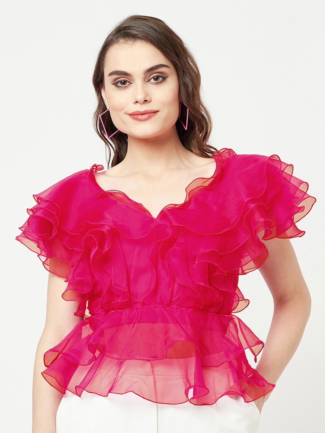 

ATTIC SALT Flutter Sleeves Ruffled Cinched Waist Top, Pink