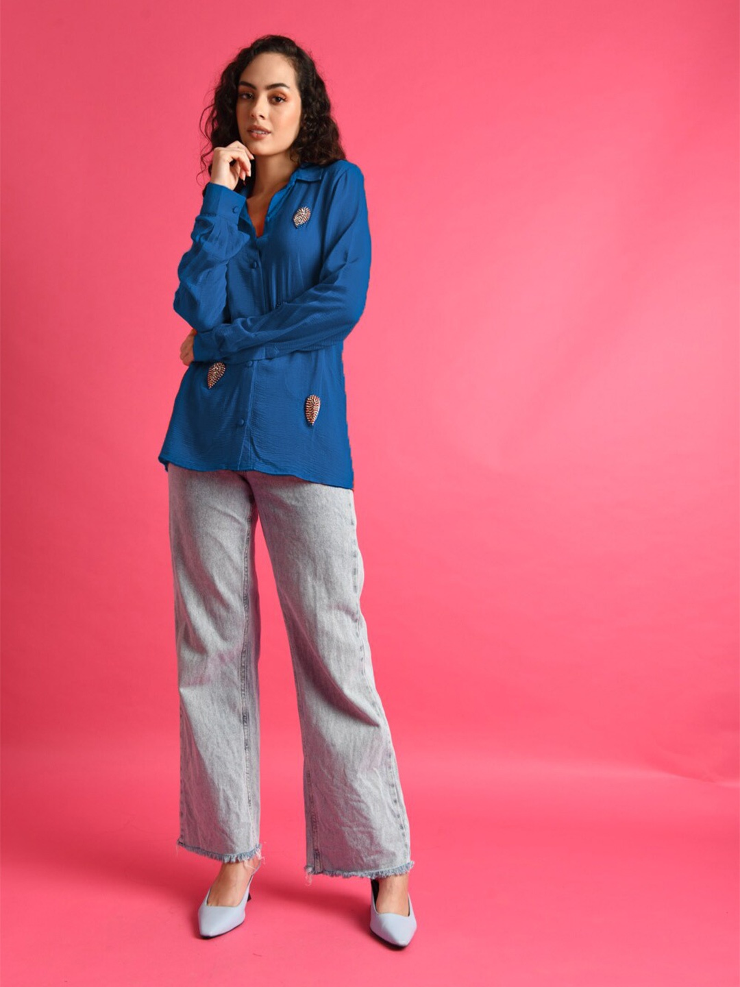 

ATTIC SALT Shirt Collar Embellished Shirt Style Top, Blue