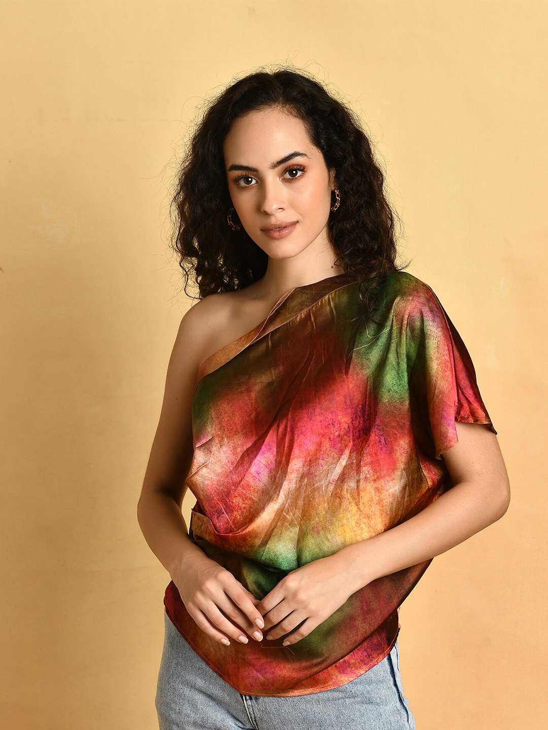 

ATTIC SALT Abstract Printed One Shoulder Satin Top, Red