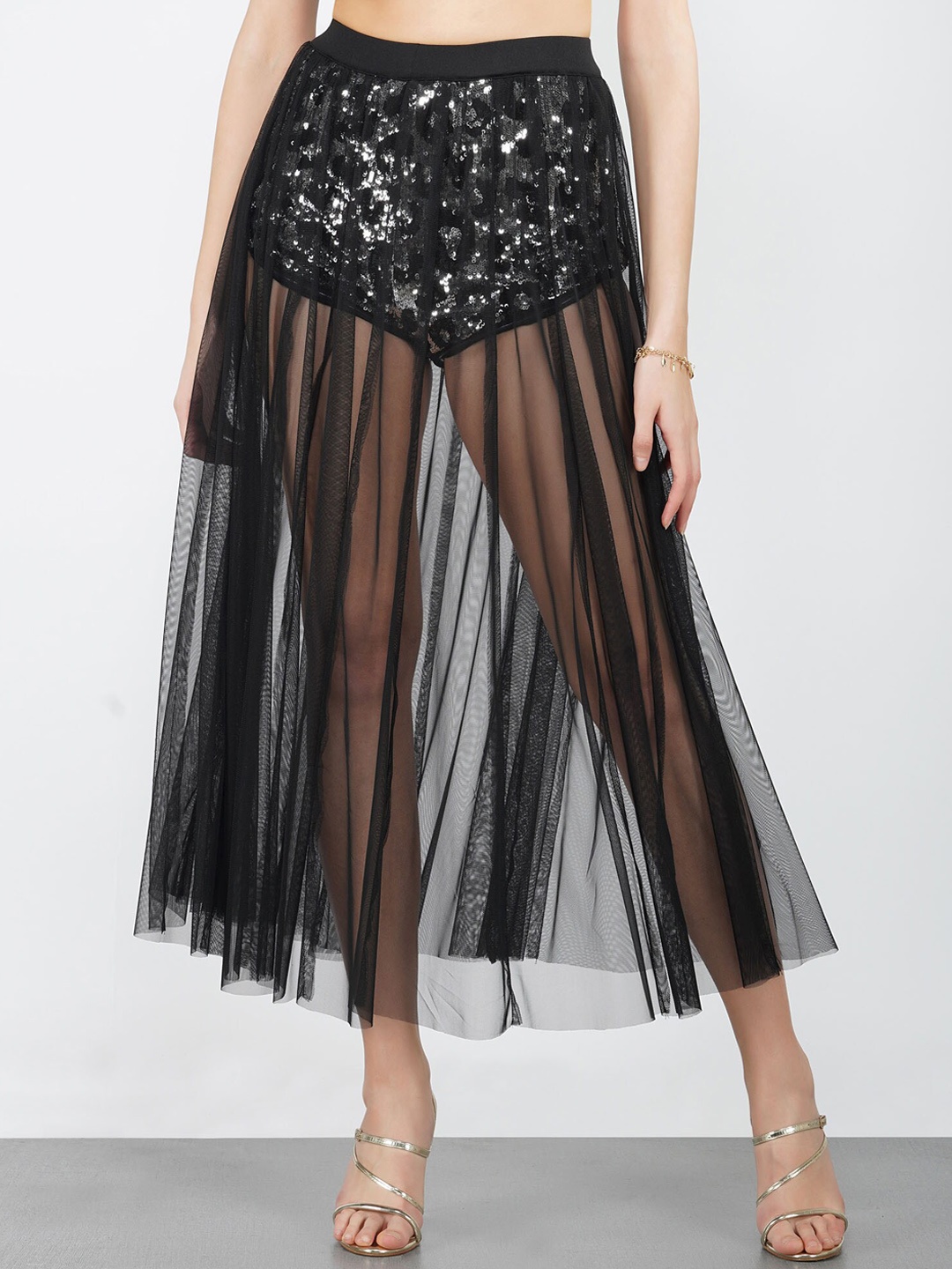 

ATTIC SALT Midi Length Sheer Flared Skirt With Attached Shorts, Black