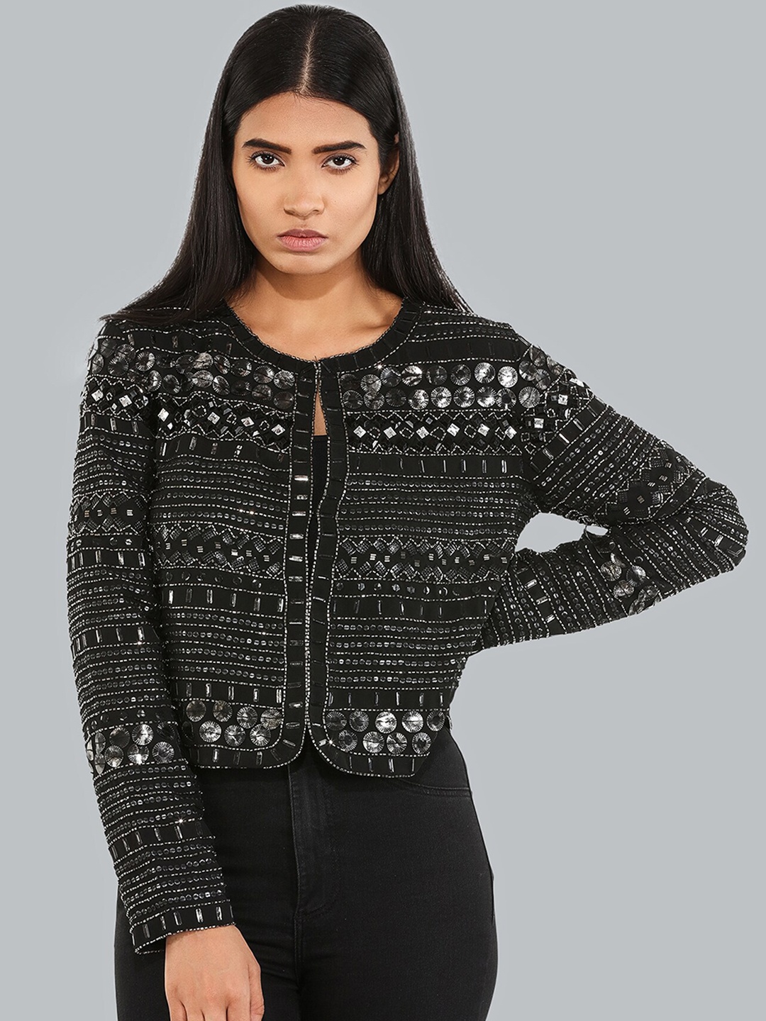 

ATTIC SALT Embellished Collarless Fashion Jacket, Black