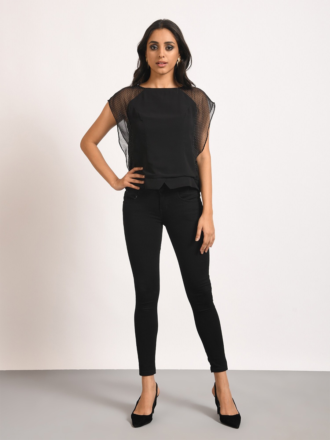 

ATTIC SALT Extended Sleeves Satin Top, Black