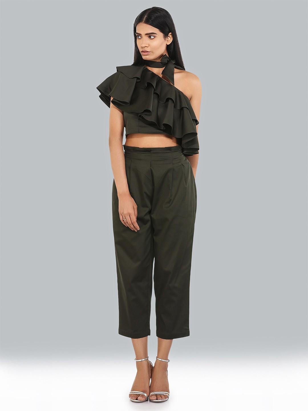 

ATTIC SALT Tie-Up Neck With Bow Tie Ruffled Cotton Crop Top, Green