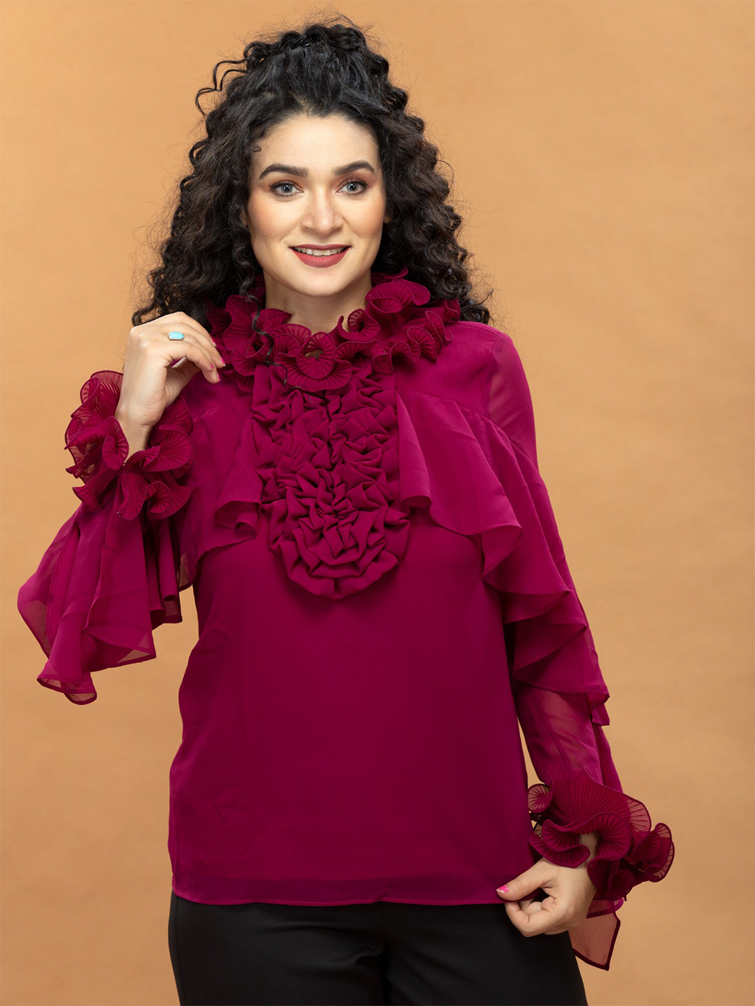 

ATTIC SALT Ruffled Georgette Top, Maroon