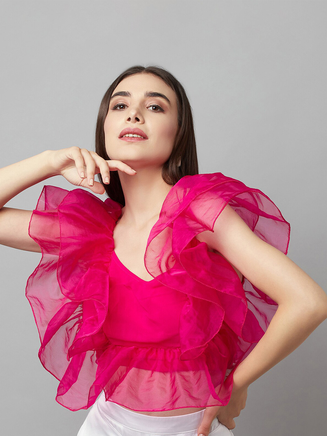 

ATTIC SALT Scoop Neck Ruffled Crop Georgette Top, Pink