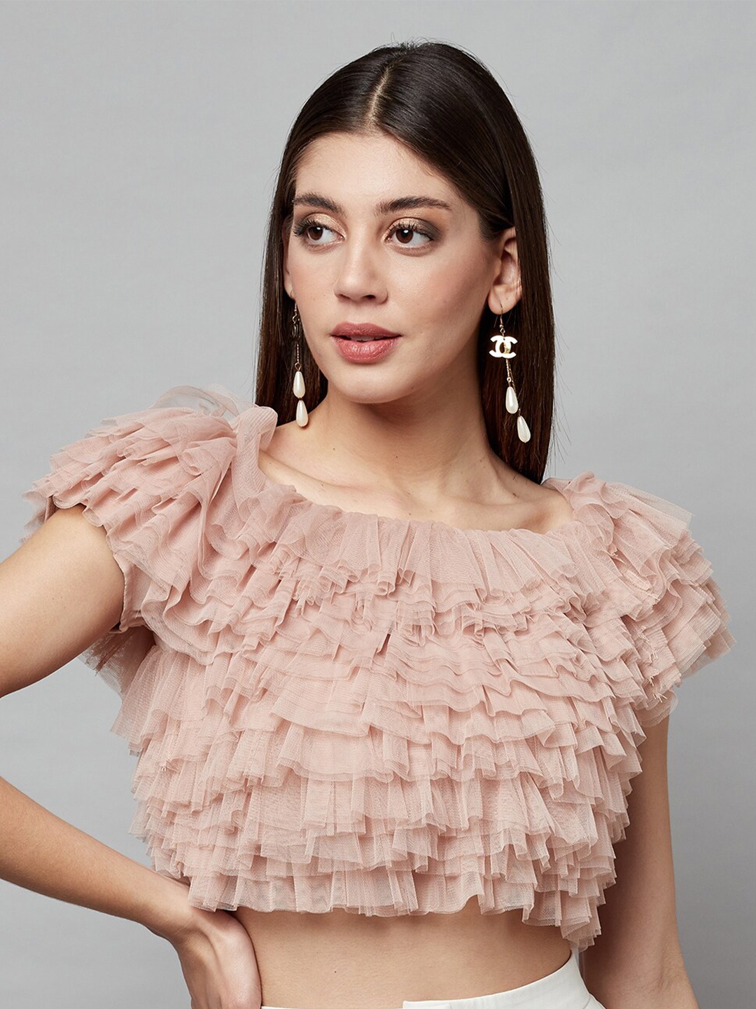 

ATTIC SALT Square Neck Layered Blouson Crop Top, Brown