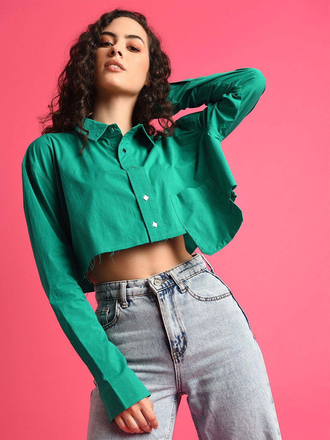 

ATTIC SALT Shirt Collar Cotton Crop Shirt Style Top, Green