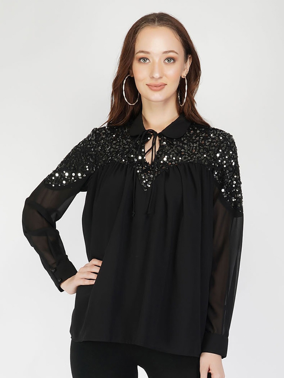

ATTIC SALT Embellished Tie-Up Neck Cuff Sleeves Top, Black